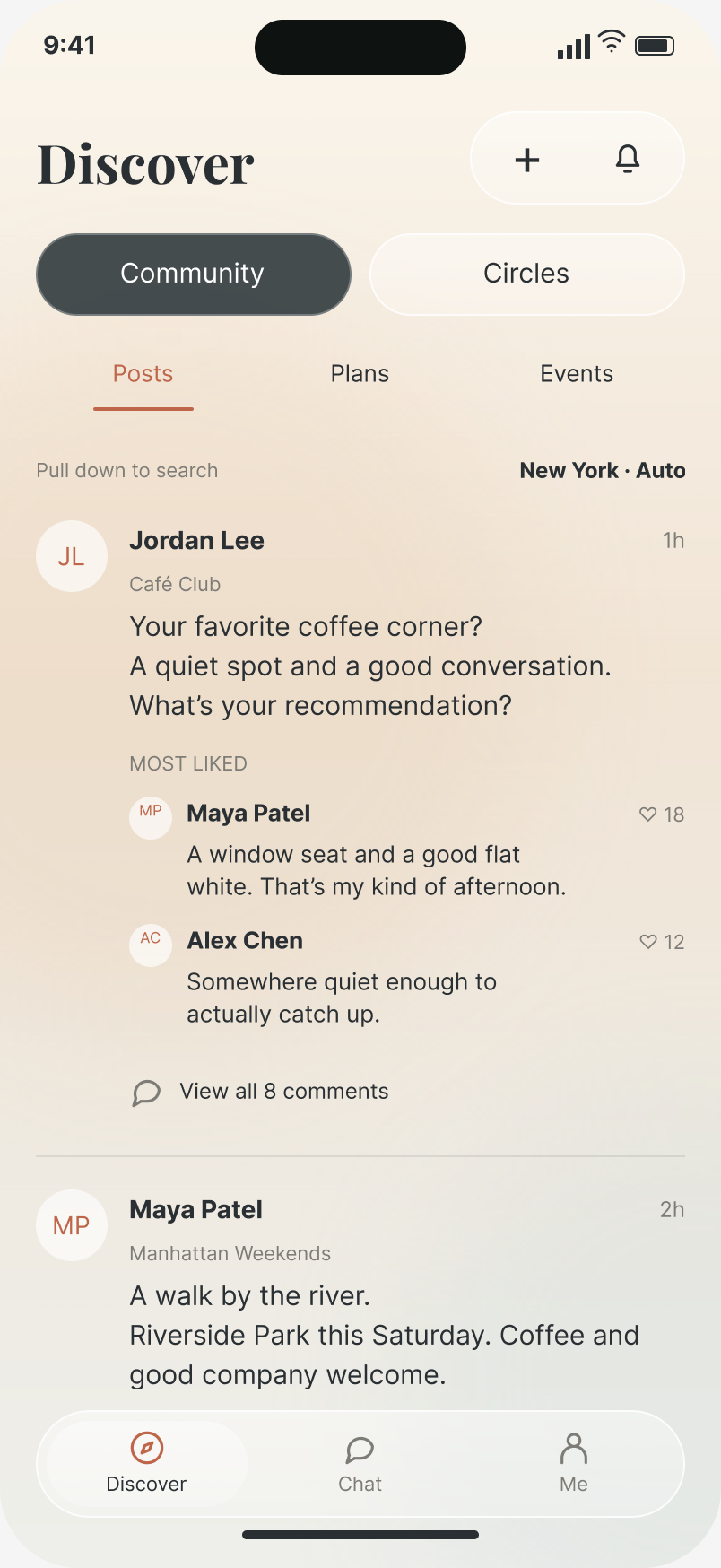 Actual approved PostLane Discover screen with fictional Community content, shown as noninteractive product proof.