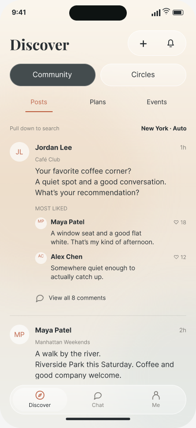 Noninteractive Community discussion illustration: Jordan Lee asks for coffee recommendations, with replies from Maya Patel and Alex Chen.