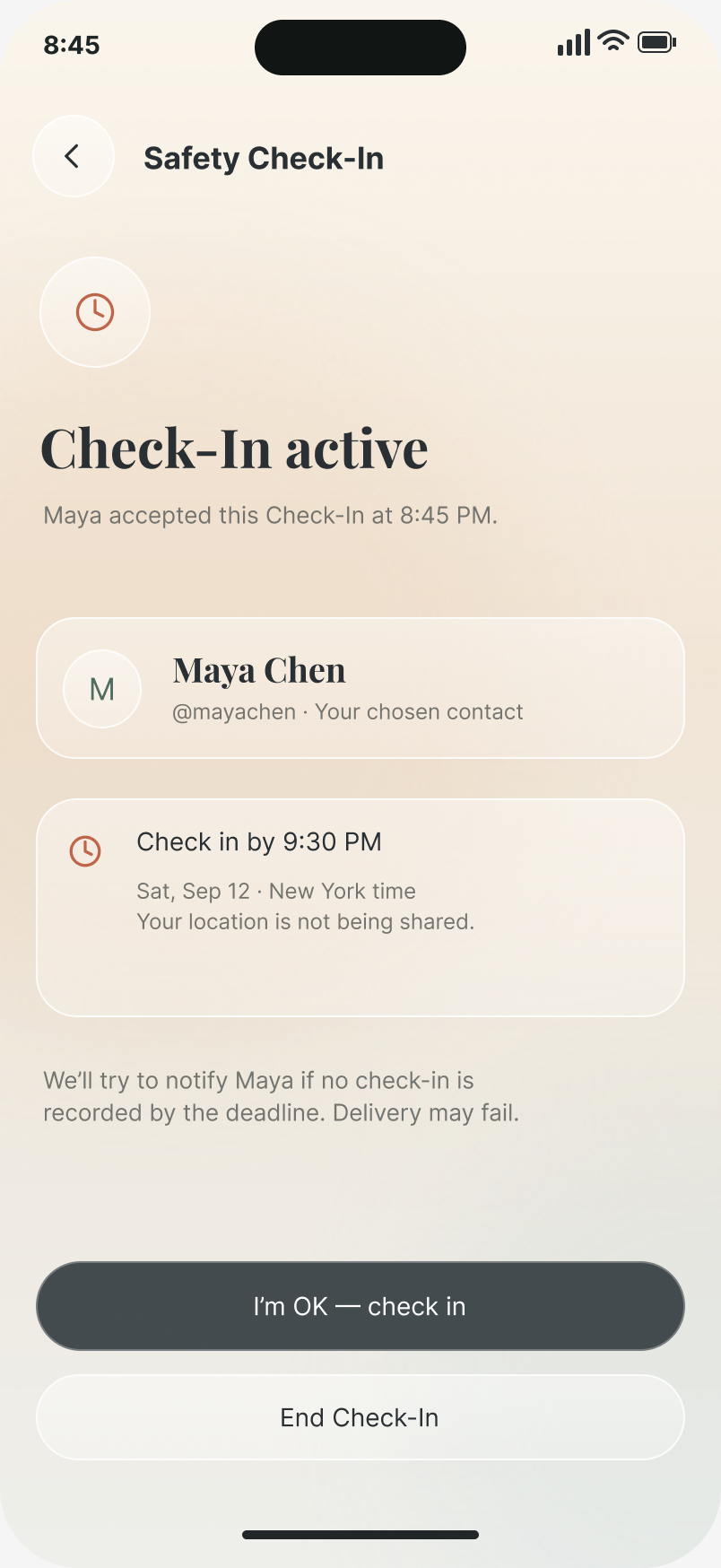 Noninteractive app illustration: fictional Maya Chen has accepted a Safety Check-In. Your location is not being shared; notification delivery may fail.