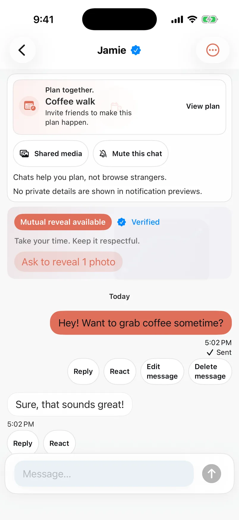 PostLane fictional conversation showing a coffee plan and Mutual Consent prompt