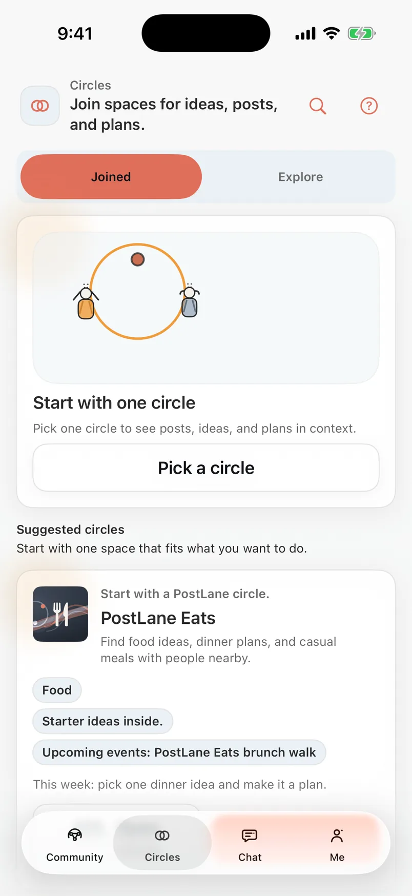 PostLane Circles with fictional recurring community examples