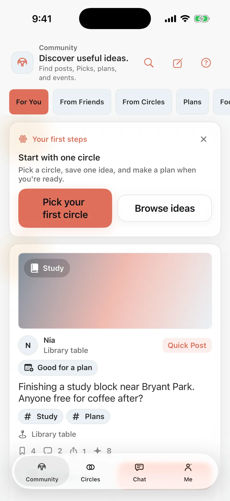 PostLane Community screen with a fictional study post and plan prompt