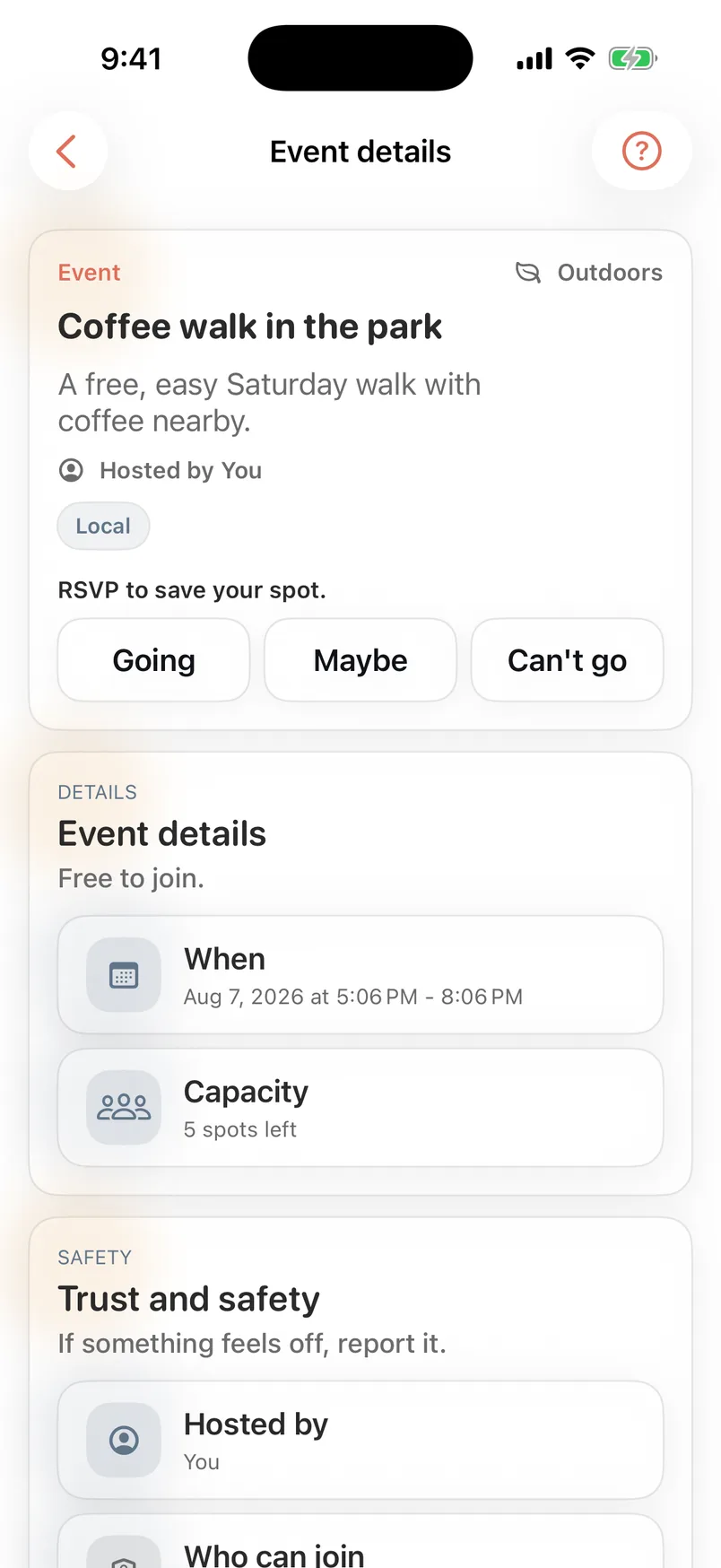 PostLane fictional free community event detail with RSVP and safety context