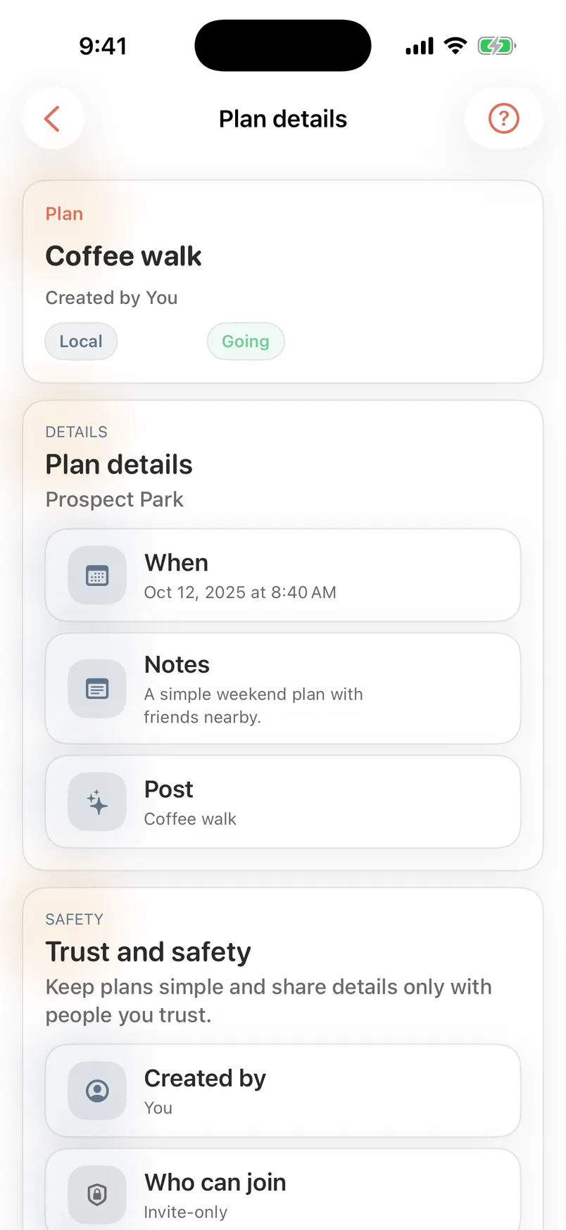 PostLane fictional Plan Detail screen with time, notes, invite-only visibility, and trust guidance