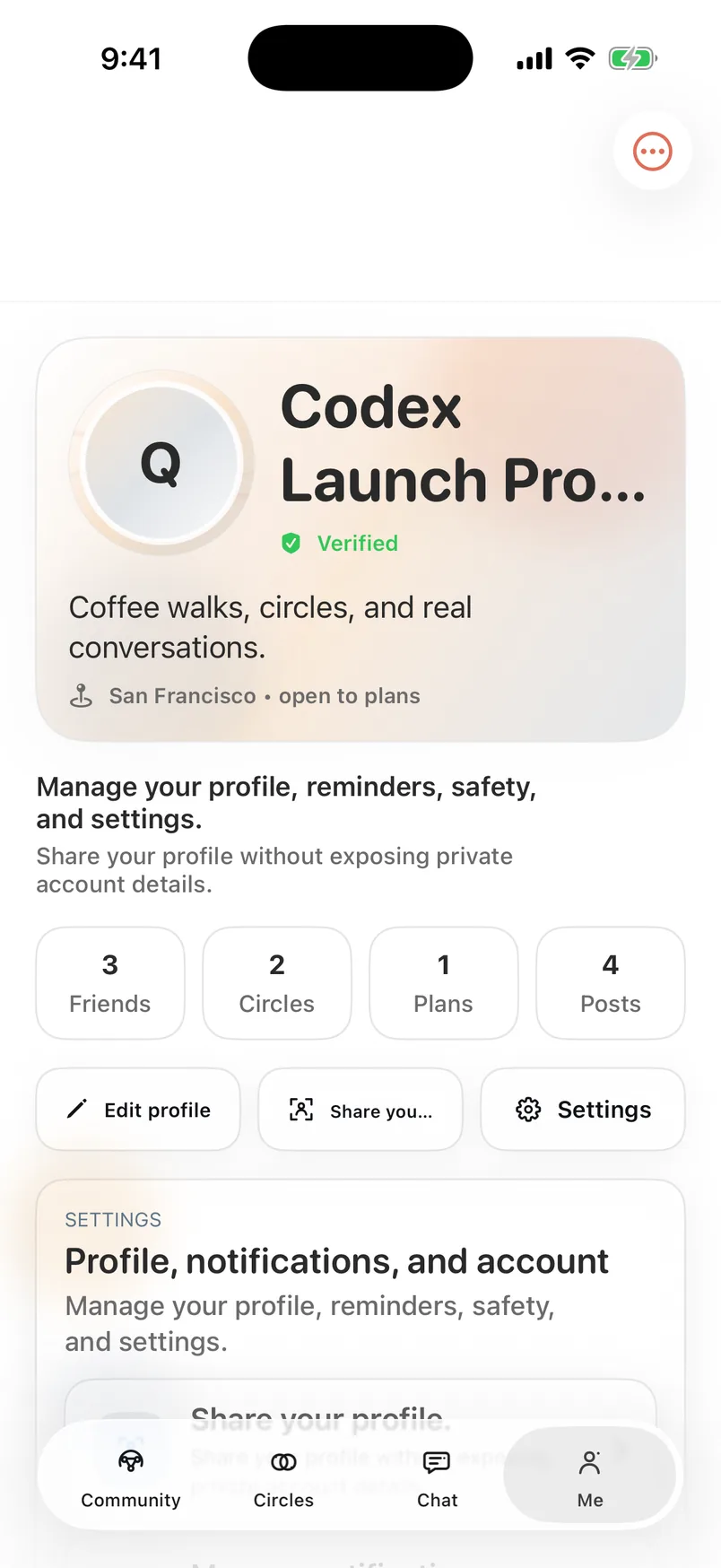 PostLane Me profile with fictional public context and account controls