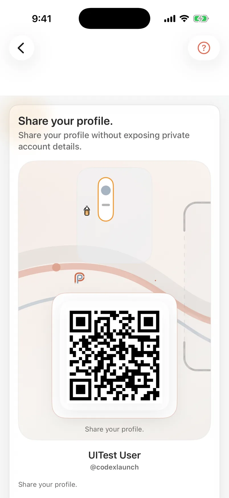 PostLane Profile Share screen with a fictional static QR and no private account details