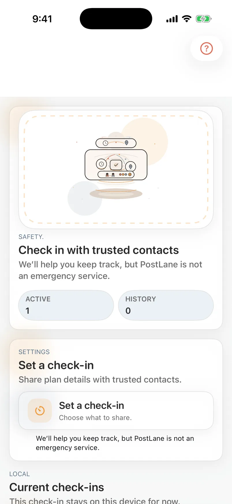 PostLane Safety Check-In screen with fictional local state