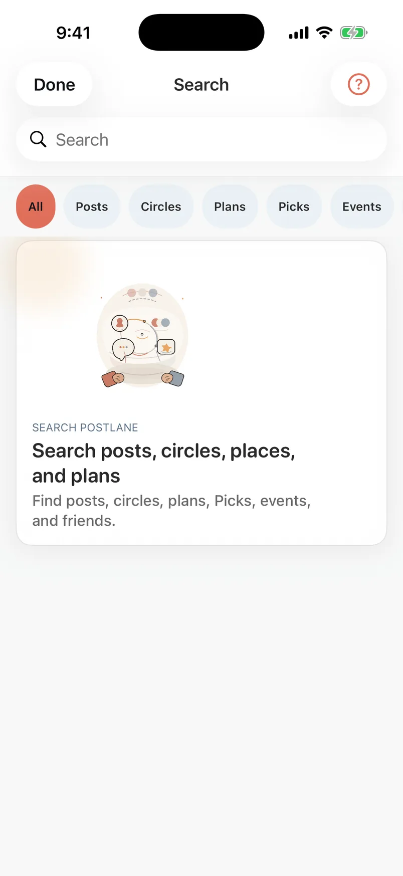 PostLane Search screen with filters for fictional posts, circles, plans, picks, and events