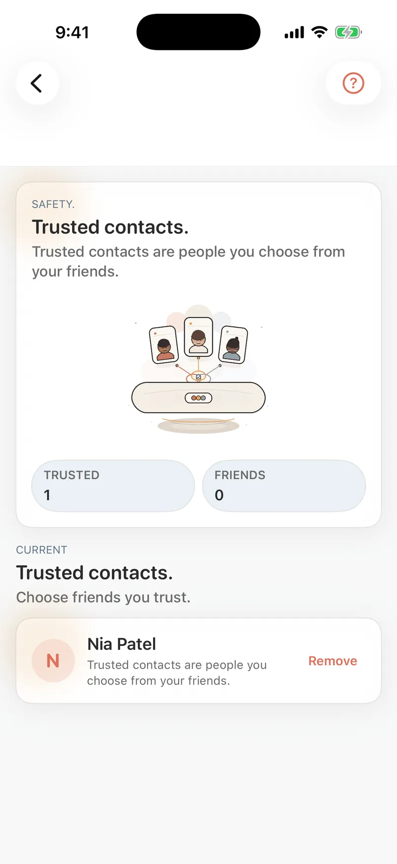 PostLane Trusted Contacts screen with one fictional trusted person and delivery limitations